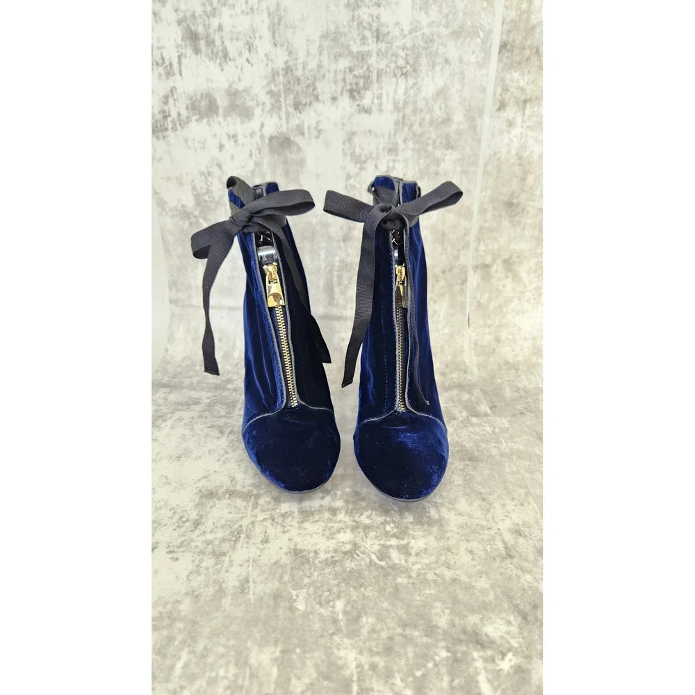 Zara Velvet Ankle Boots Women 41 Blue Front Zip Block Heel Ribbon Tie Gothic